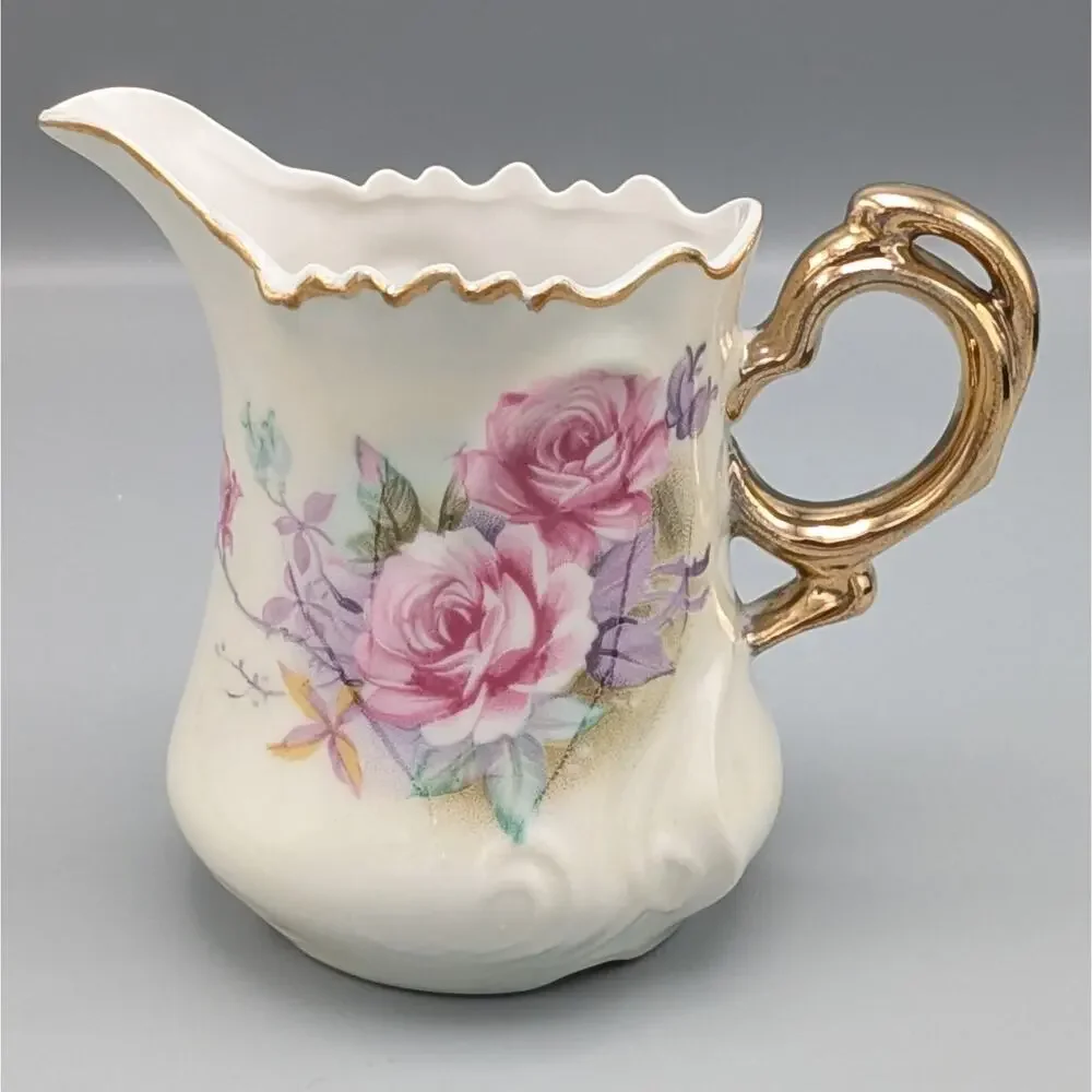 Vintage Lefton China Pink Rose Tea Set Teapot 6570 Sugar Creamer 6571 Gold Gilt